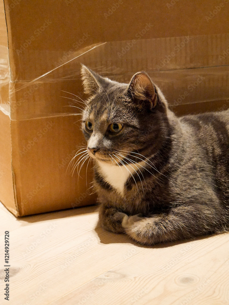 Cute tabby cat laying by a cardboard box, resting. Cat portrait. Pets. Cute tabby cat laying by a cardboard box, resting. Cat portrait. Pets.