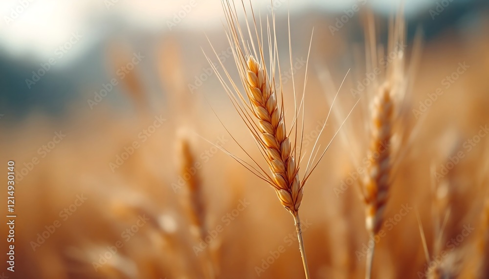 Golden Wheat Field at Sunset: Close-up of Ripe Grain - Stock Photo Golden Wheat Field at Sunset: Close-up of Ripe Grain - Stock Photo