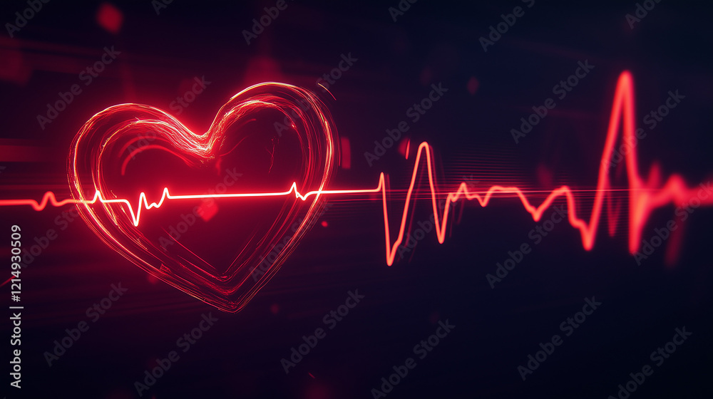 A red heart shape is shown on the left side of an ECG line, with two glowing lines forming another large red heart symbol in front of it. The background color should be black to highlight these symbol A red heart shape is shown on the left side of an ECG line, with two glowing lines forming another large red heart symbol in front of it. The background color should be black to highlight these symbol