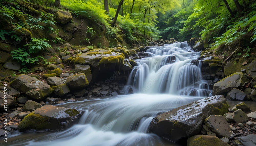 Charming waterfall cascading over mossy rocks in a dense, verdant forest Charming waterfall cascading over mossy rocks in a dense, verdant forest