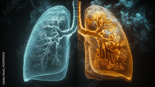 side by side comparison of healthy and unhealthy lungs, showcasing their structure and function. image highlights contrast in lung health