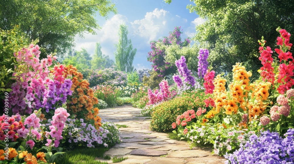 Fototapeta premium Vibrant Flower Garden Pathway Under Blue Sky and Soft Clouds