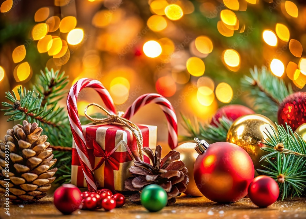 Festive Christmas bokeh background with ornaments, gifts, and candy canes. Festive Christmas bokeh background with ornaments, gifts, and candy canes.