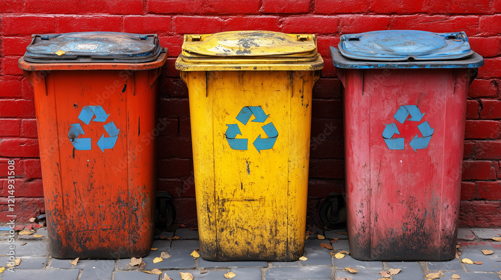 Obraz premium Three colorful recycling bins against a red brick wall in an urban setting
