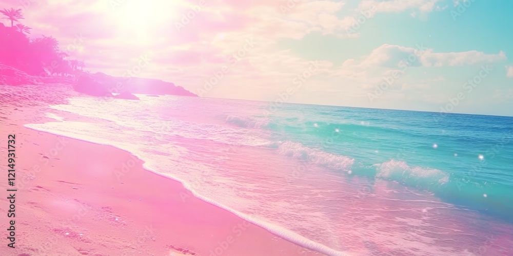 Serene Pink Beach Scene Tranquil Ocean Waves on a Pastel Sandy Shore at Sunset Serene Pink Beach Scene Tranquil Ocean Waves on a Pastel Sandy Shore at Sunset