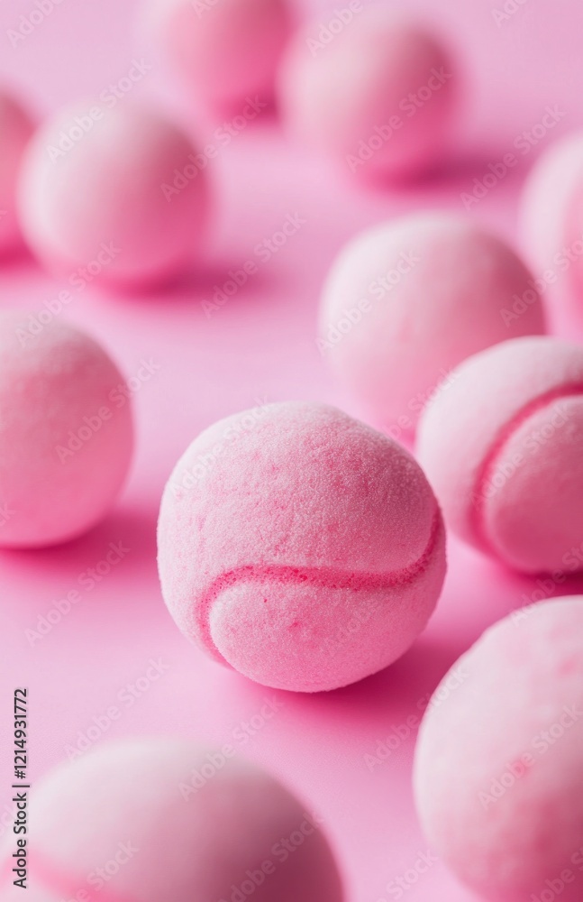 Minimalistic image of tennis-inspired marshmallows on a pink background. Eye-level view perfect for quirky ads, creative food blogs, or kids' projects. Sweet and fun concept. Minimalistic image of tennis-inspired marshmallows on a pink background. Eye-level view perfect for quirky ads, creative food blogs, or kids' projects. Sweet and fun concept.