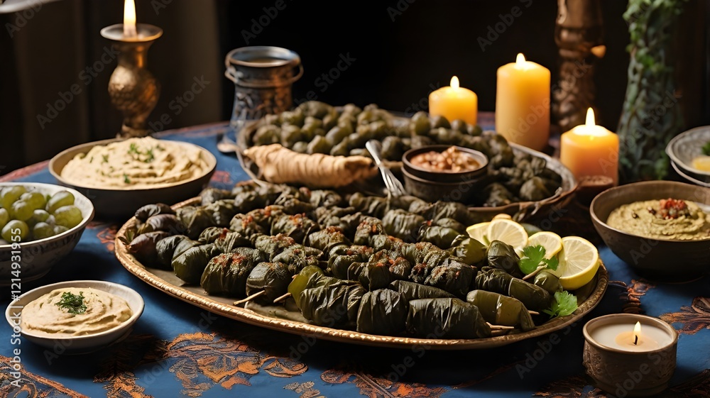 A platter of stuffed grape leaves, kebabs, and hummus, prepared for an Eid feast, on a dining table with candles.
A platter of stuffed grape leaves, kebabs, and hummus, prepared for an Eid feast, on a dining table with candles.
