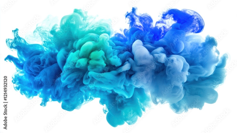 Obraz premium A burst of neon blue and green smoke, swirling in abstract patterns, forming an ethereal, cloud-like texture with sharp, delicate edges.