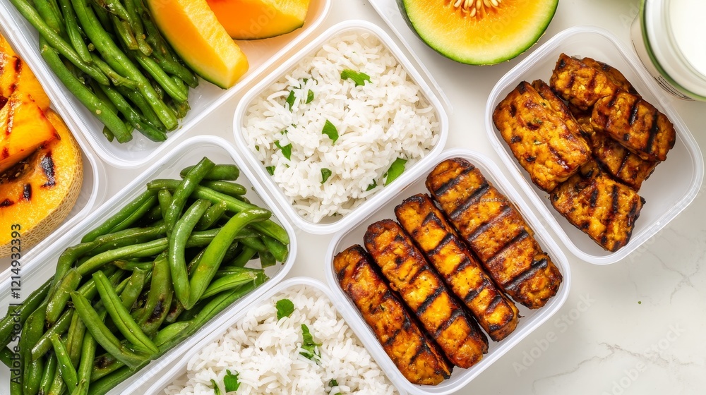 Colorful meal prep containers filled with grilled chicken, rice, green beans, and fresh fruits Colorful meal prep containers filled with grilled chicken, rice, green beans, and fresh fruits