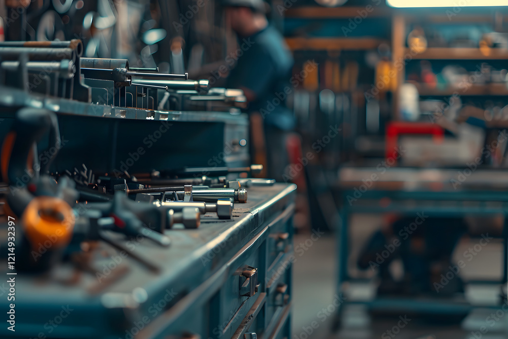 Naklejka premium Precision tools on industrial workshop table