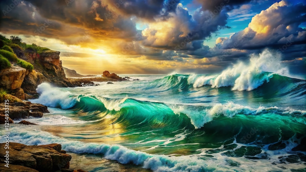 Double Exposure: Ocean Waves Crashing Over Ancient Dagger, Surreal Seascape Double Exposure: Ocean Waves Crashing Over Ancient Dagger, Surreal Seascape