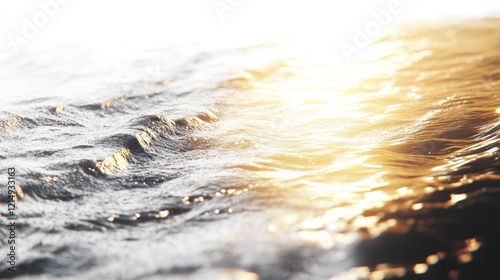 A close-up view of a river's surface, the water illuminated by the sun's rays, glowing with a golden tint as the gentle ripples distort the shimmering reflections.