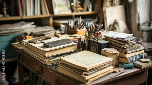 A table is filled with a hodgepodge of items, including books, tools, and knick-knacks, creating a cluttered but charming scene