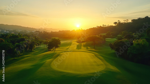 olf teeing ground in golf course with sunrise background photo