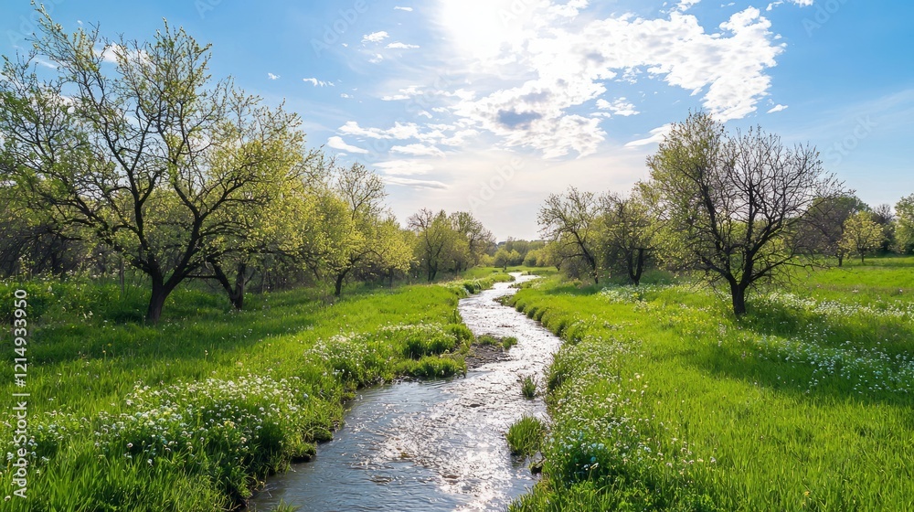 Serene Slow-Flowing Stream in Turquoise Bud Field with Orchards in Cinematic Ultra-Detail Serene Slow-Flowing Stream in Turquoise Bud Field with Orchards in Cinematic Ultra-Detail