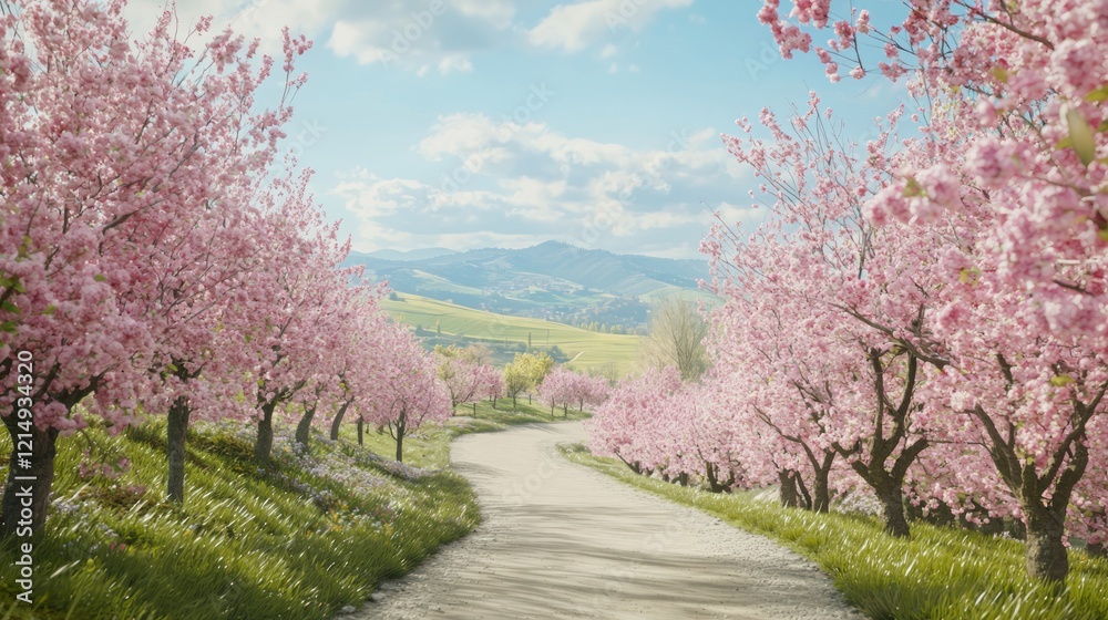Serene Orchard Lane Awash in Apricot Blossoms Leading to Idyllic Farmland Slope - Ultra-Detailed Cinematic Image Serene Orchard Lane Awash in Apricot Blossoms Leading to Idyllic Farmland Slope - Ultra-Detailed Cinematic Image