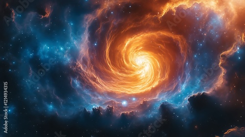 Fiery cosmic swirl nebula in space.