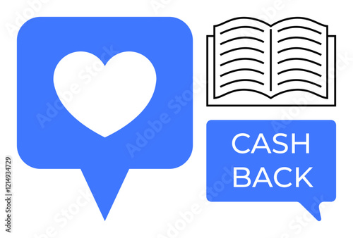 Heart inside chat bubble, open book line drawing, text CASH BACK in blue chat bubble. Ideal for love, communication, learning, reading, finance refunds loyalty programs. Simple and modern abstract