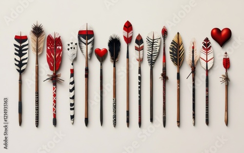 A stunning array of handcrafted arrows featuring vibrant red, white, and black feathers, each uniquely designed, culminating in a striking red heart centerpiece, symbolizing creativity and passion. photo