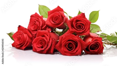 A vibrant bouquet of red roses with dew drops on the petals, arranged elegantly with soft green leaves.
