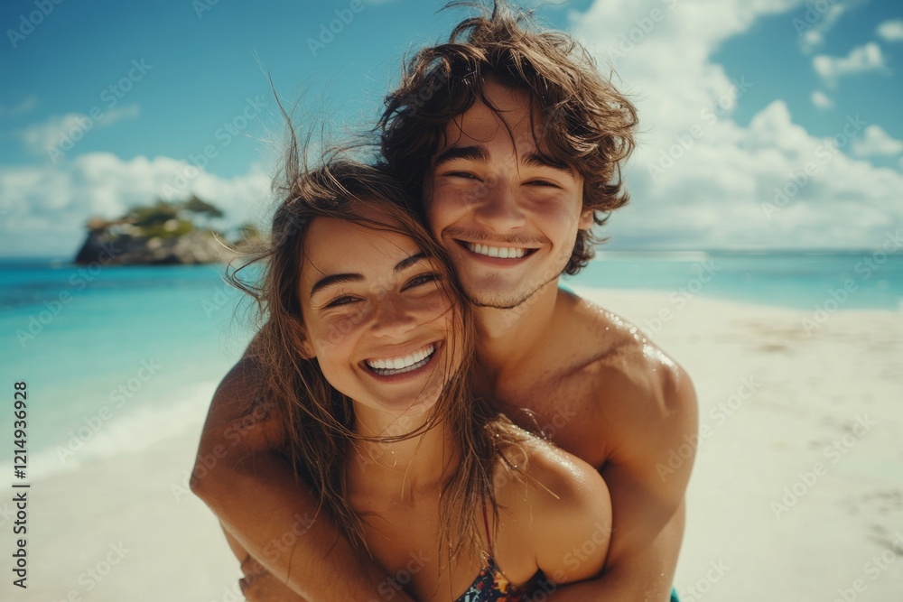 Happy Piggyback Ride and Intimate Portrait of Affectionate Couple on Serene Beach Happy Piggyback Ride and Intimate Portrait of Affectionate Couple on Serene Beach