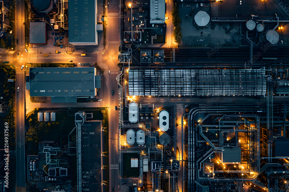 Industrial twilight: aerial view of factory complex at dusk Industrial twilight: aerial view of factory complex at dusk