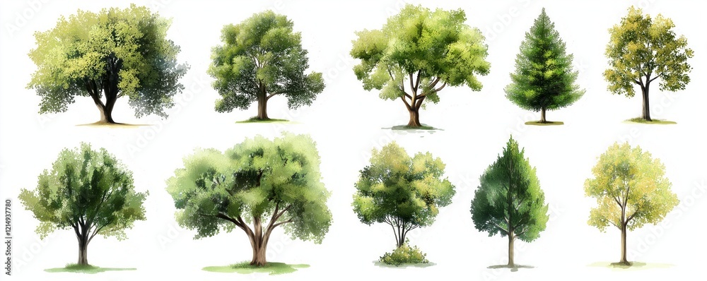 Fototapeta premium Collection of Watercolor Paintings Featuring Diverse Tree Species Botanical Illustrations