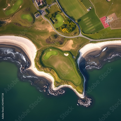 Aerial of Hayling Island Golf Course a links course on the western tip of Hayling Island and nest to the sae entrance to Langston Harbour with the Kench nature reserve on the north side. photo