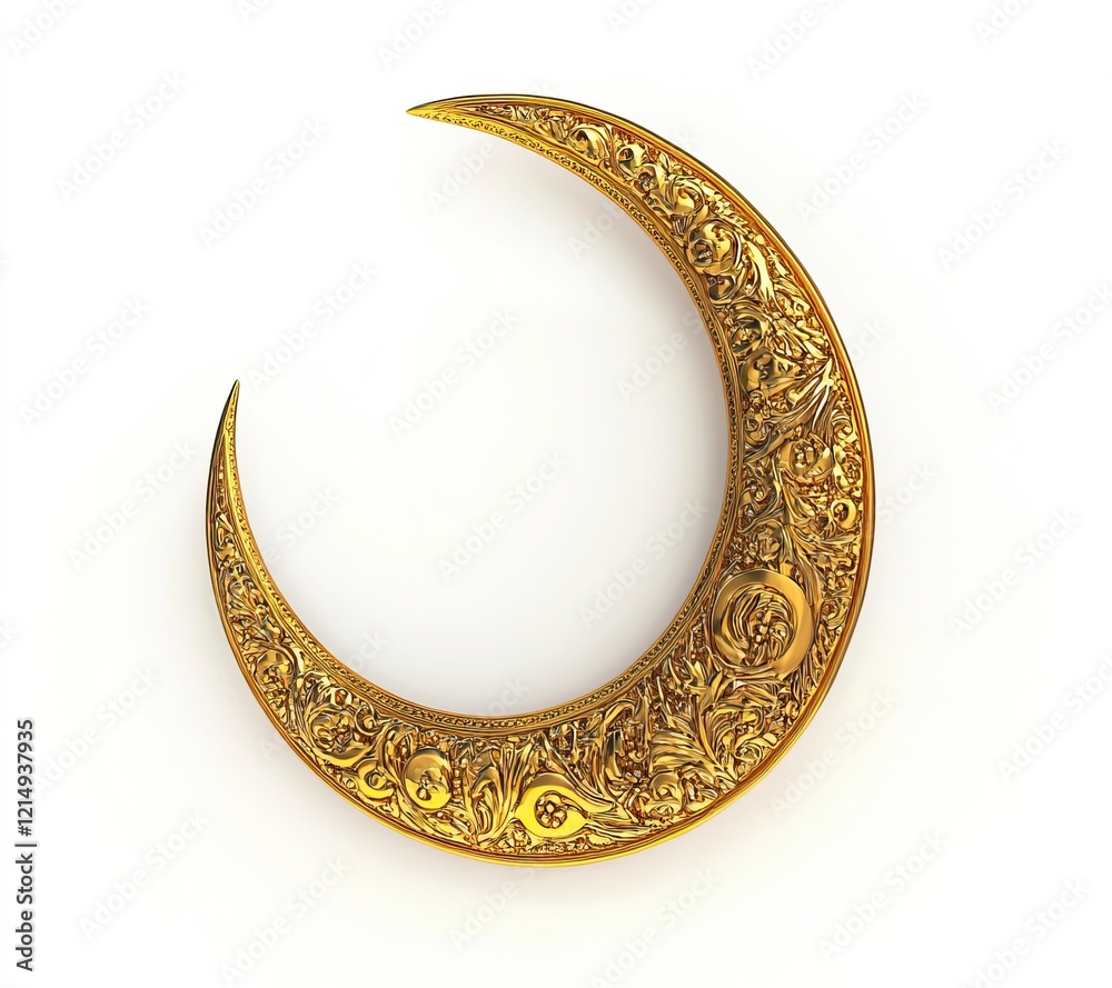 3D rendering of a golden crescent moon with Islamic ornament, isolated on a white background. 3D rendering of a golden crescent moon with Islamic ornament, isolated on a white background.