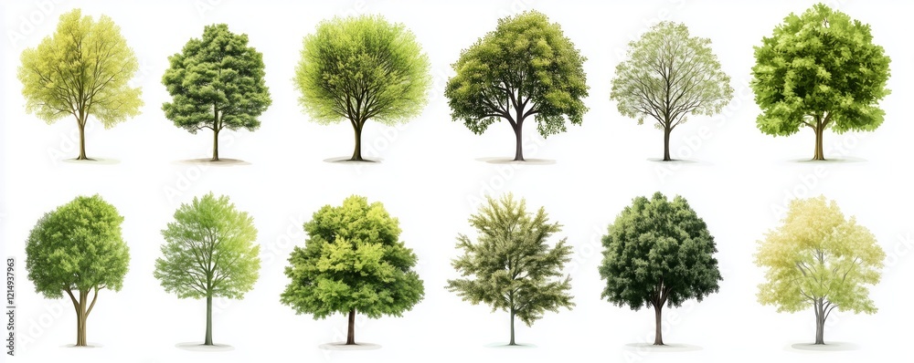 Fototapeta premium A Collection of Twelve Diverse Tree Species Lush Green Foliage Vibrant Colors Isolated on White Background Botanical Illustration