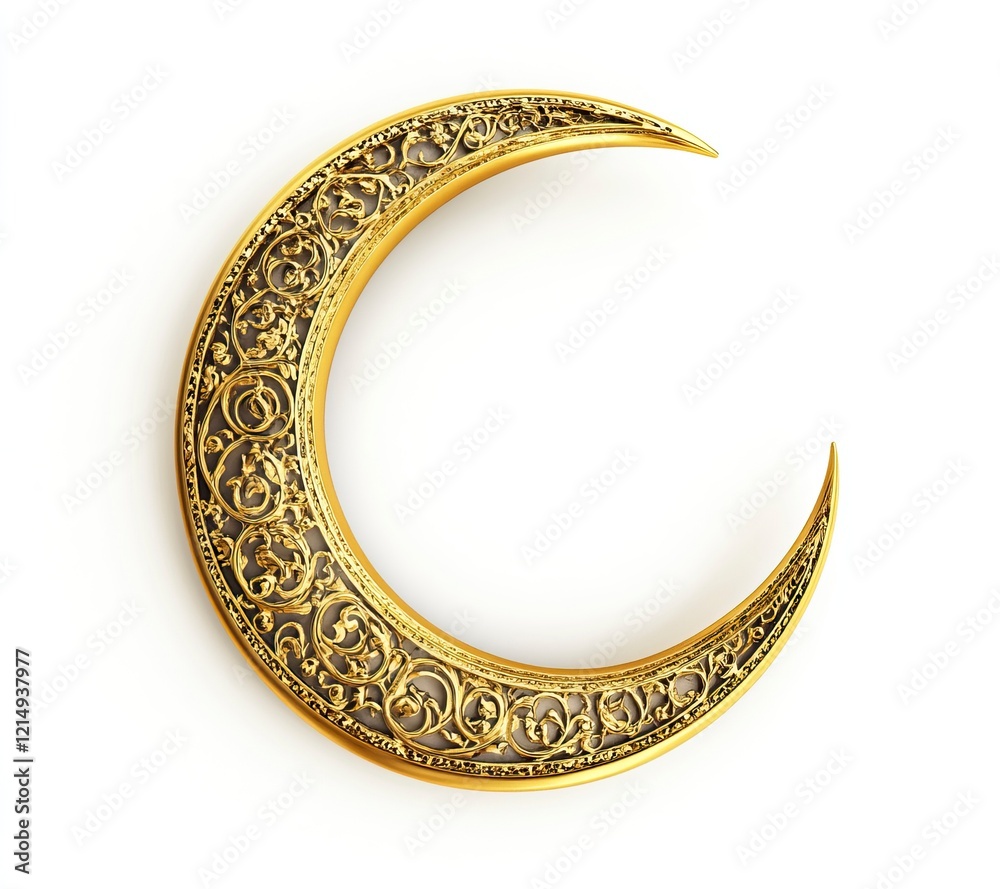 3D rendering of a golden crescent moon with Islamic ornament, isolated on a white background. 