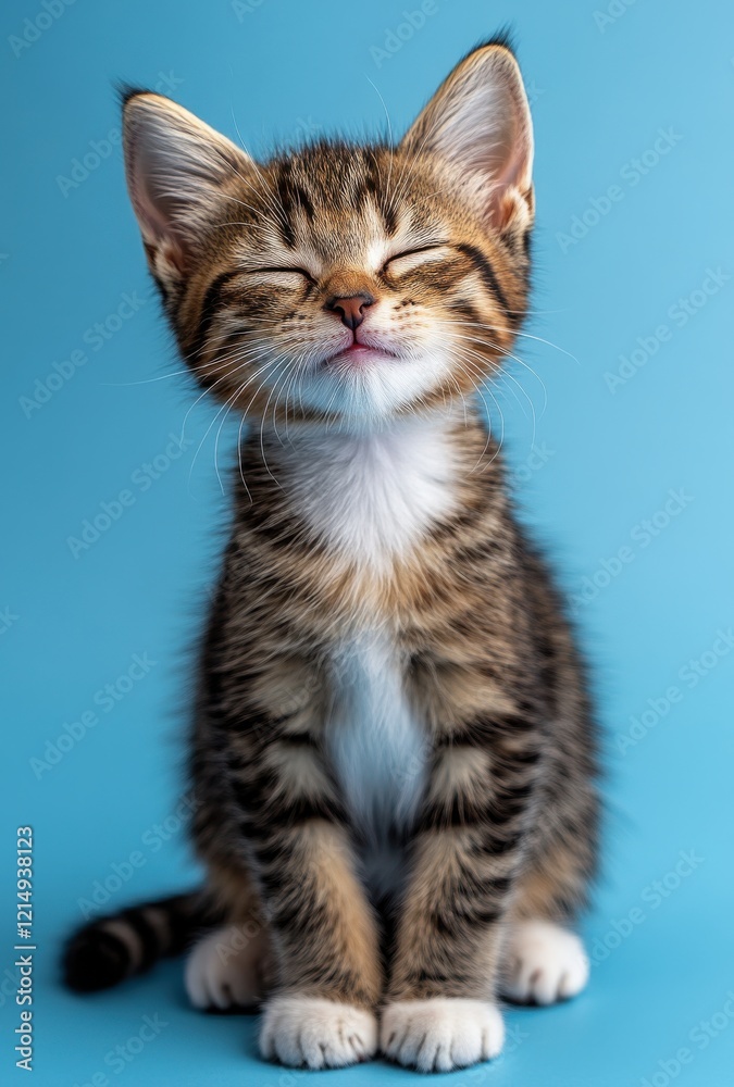 Adorable tabby kitten with closed eyes smiling against a blue background, showcasing warmth and playfulness, perfect for pet-related projects and joyful themes. Adorable tabby kitten with closed eyes smiling against a blue background, showcasing warmth and playfulness, perfect for pet-related projects and joyful themes.