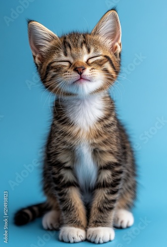 Adorable tabby kitten with closed eyes smiling against a blue background, showcasing warmth and playfulness, perfect for pet-related projects and joyful themes.