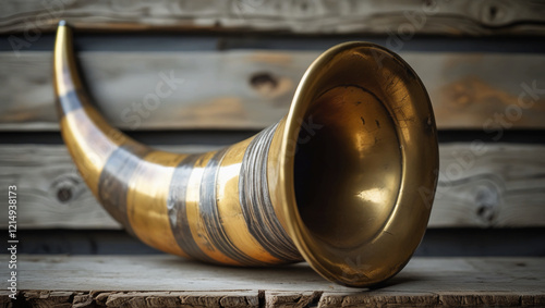 hunting horn against a backdrop of rustic wood planks. photo