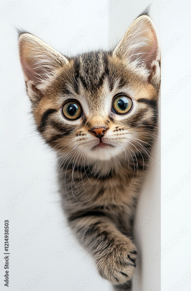 Adorable Tabby Kitten with Large Expressive Eyes Peeking from Behind a Wall in a Soft-lit Environment, Capturing Curiosity and Playfulness of Feline Friends Adorable Tabby Kitten with Large Expressive Eyes Peeking from Behind a Wall in a Soft-lit Environment, Capturing Curiosity and Playfulness of Feline Friends