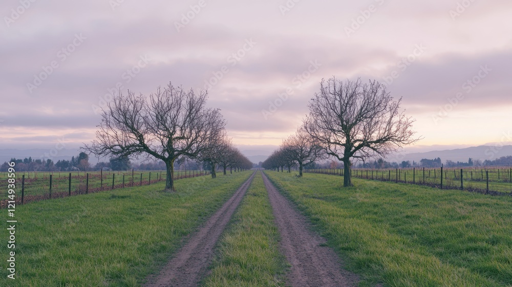 Fototapeta premium Tranquil White Petal Orchards in Winter Farmland Landscape Scene with Ultra-Detailed Cinematic Appeal