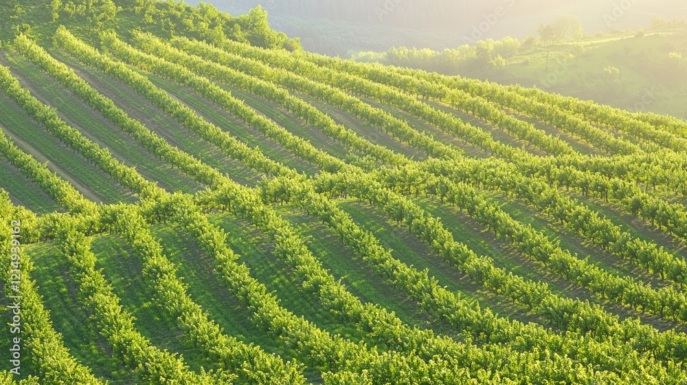Serene Morning in Apricot-Lime Orchard - Cinematic Landscape with Sun Peeking Over Ridge in Ultra-Detailed View Serene Morning in Apricot-Lime Orchard - Cinematic Landscape with Sun Peeking Over Ridge in Ultra-Detailed View