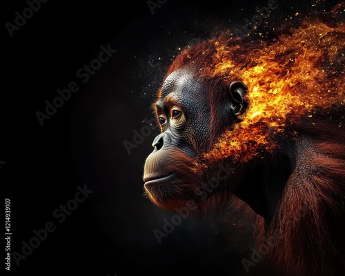 This stunning image captures an orangutan with a fiery transformation, blending strength and beauty. photo