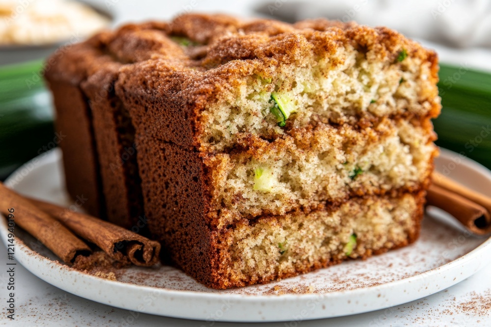 A close-up of the crumb texture of zucchini bread, with visible shreds of zucchini and specks of cinnamon A close-up of the crumb texture of zucchini bread, with visible shreds of zucchini and specks of cinnamon