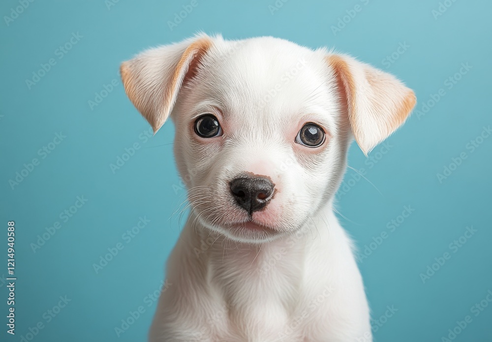 Adorable White Puppy with Light Brown Ears and Expressive Eyes Posing Against a Soft Blue Background, Perfect for Pet-Themed Projects and Marketing Materials Adorable White Puppy with Light Brown Ears and Expressive Eyes Posing Against a Soft Blue Background, Perfect for Pet-Themed Projects and Marketing Materials
