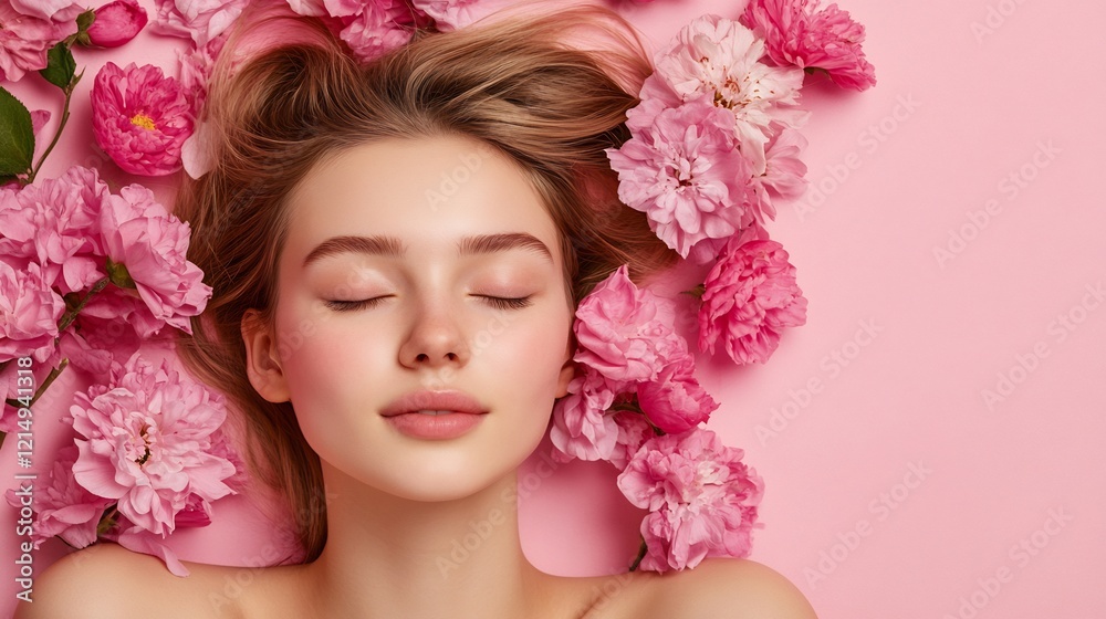 Woman, flowers, pink background, beauty, relaxation Woman, flowers, pink background, beauty, relaxation