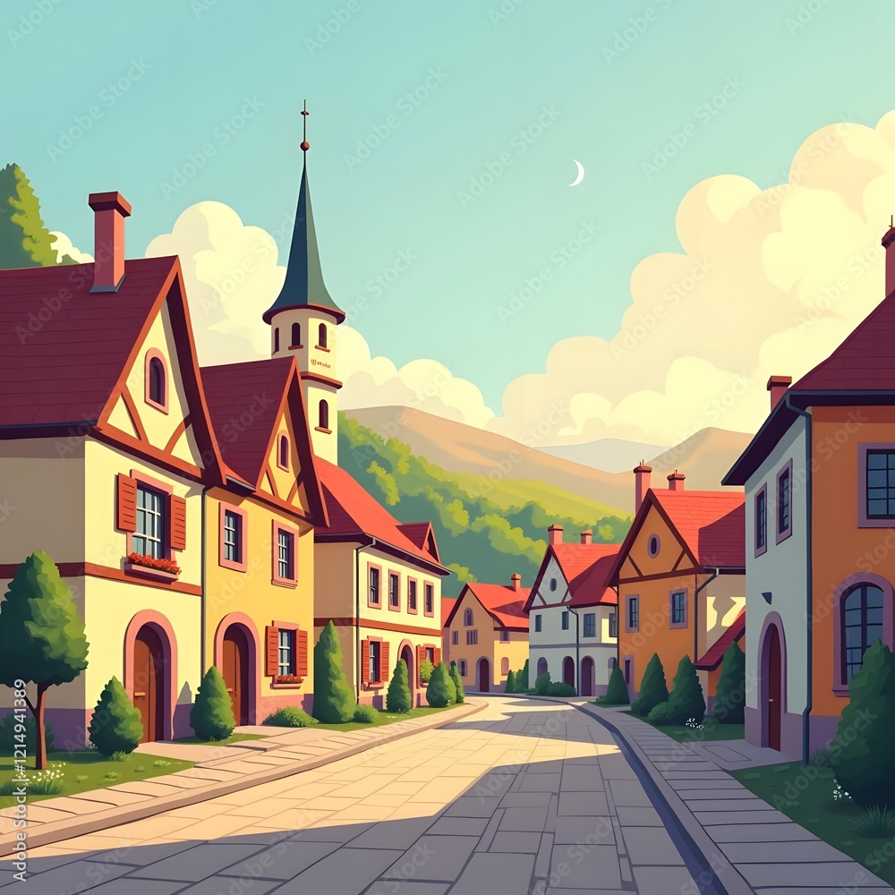 Naklejka premium Serene Village Sunrise in Vibrant Flat Style