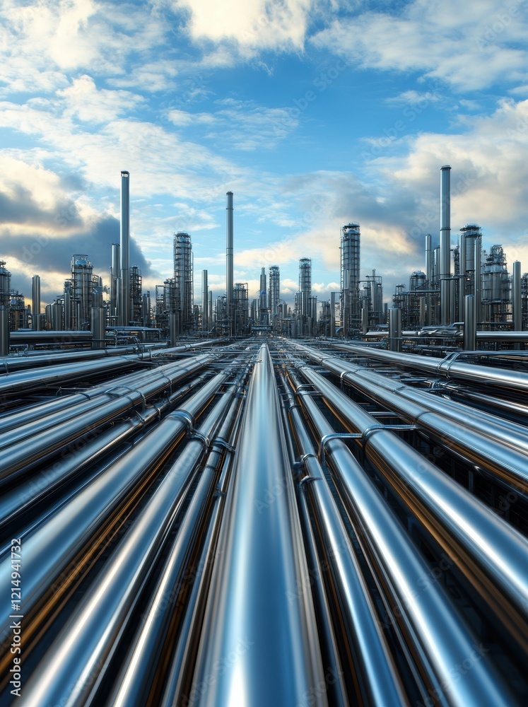 Fototapeta premium A stunning view of a vast oil refinery, showcasing a complex network of metallic pipes under a dramatic sky.