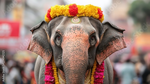 Wallpaper Mural A decorated elephant adorned with vibrant flowers, standing prominently amidst a bustling crowd, showcasing cultural significance and celebration. Torontodigital.ca