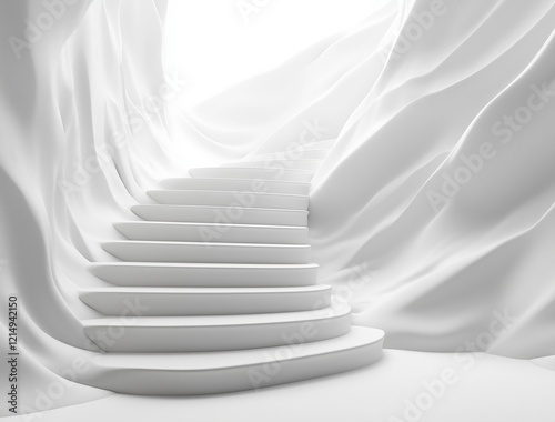 Ascension: A Surreal Staircase Rising Through a White Draped Cave