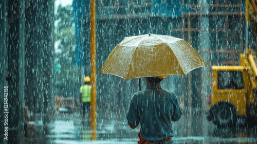 The constant rain acts as a hinderer for construction workers, slowing down progress on the new building project