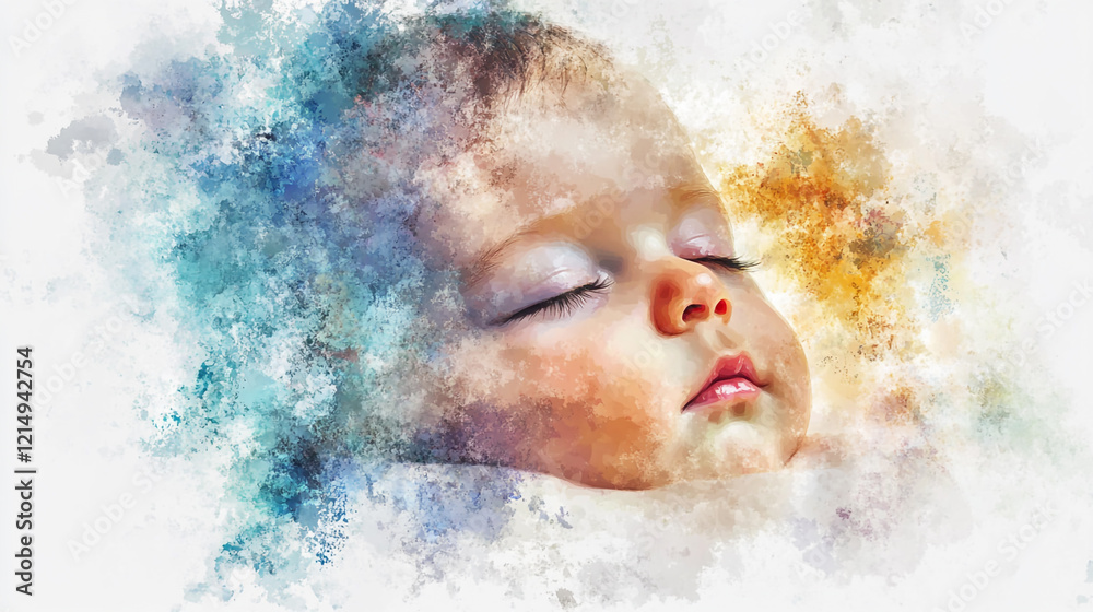 Softly sleeping baby surrounded by gentle colors and textures in a peaceful moment Softly sleeping baby surrounded by gentle colors and textures in a peaceful moment