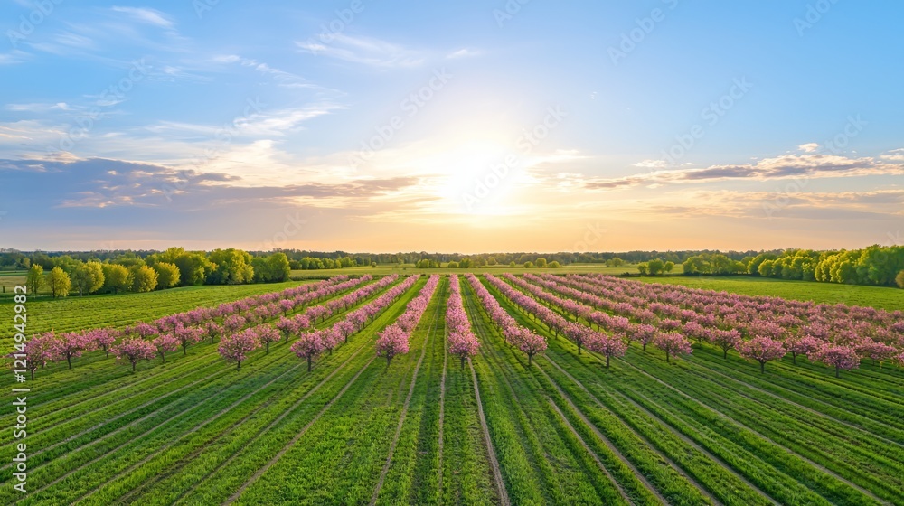A Cinematic View of Vivid Orchards: A Panoramic Farmland Vantage with Scattered Blooming Trees in Pink and Golden hues
