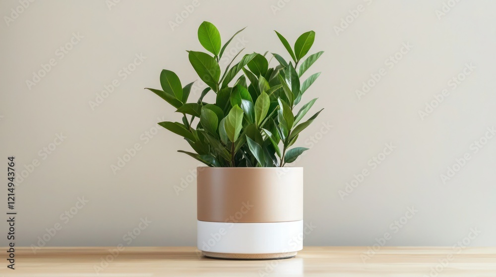 Desktop setup with a ZZ plant in a sleek pot. Desktop setup with a ZZ plant in a sleek pot.