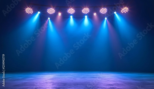 A massive contemporary game show arena illuminated by neon lights piercing through the fog.